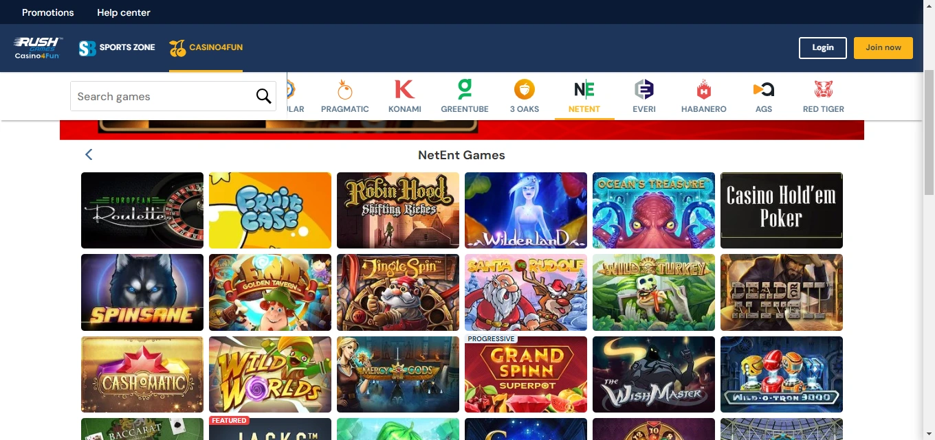 A screenshot of NetEnt games section.