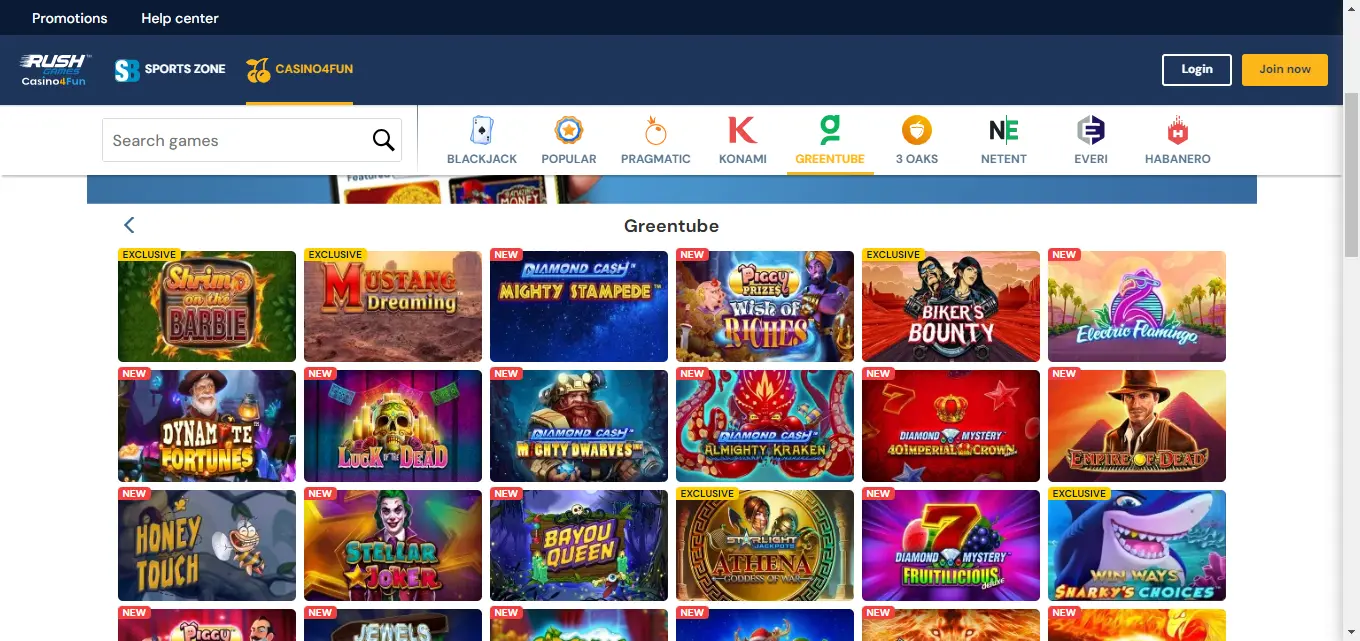 A screenshot of Greentube games section of Rush Casino.