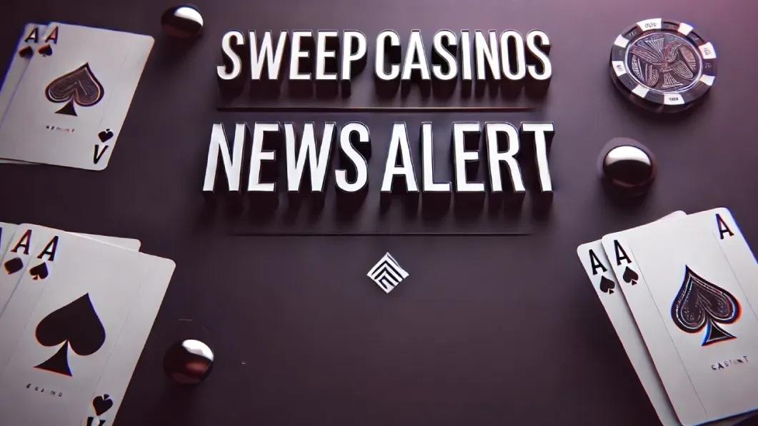 SweepCasinos News Alert Banner with playing cards and casino chips around in a dark gray background.