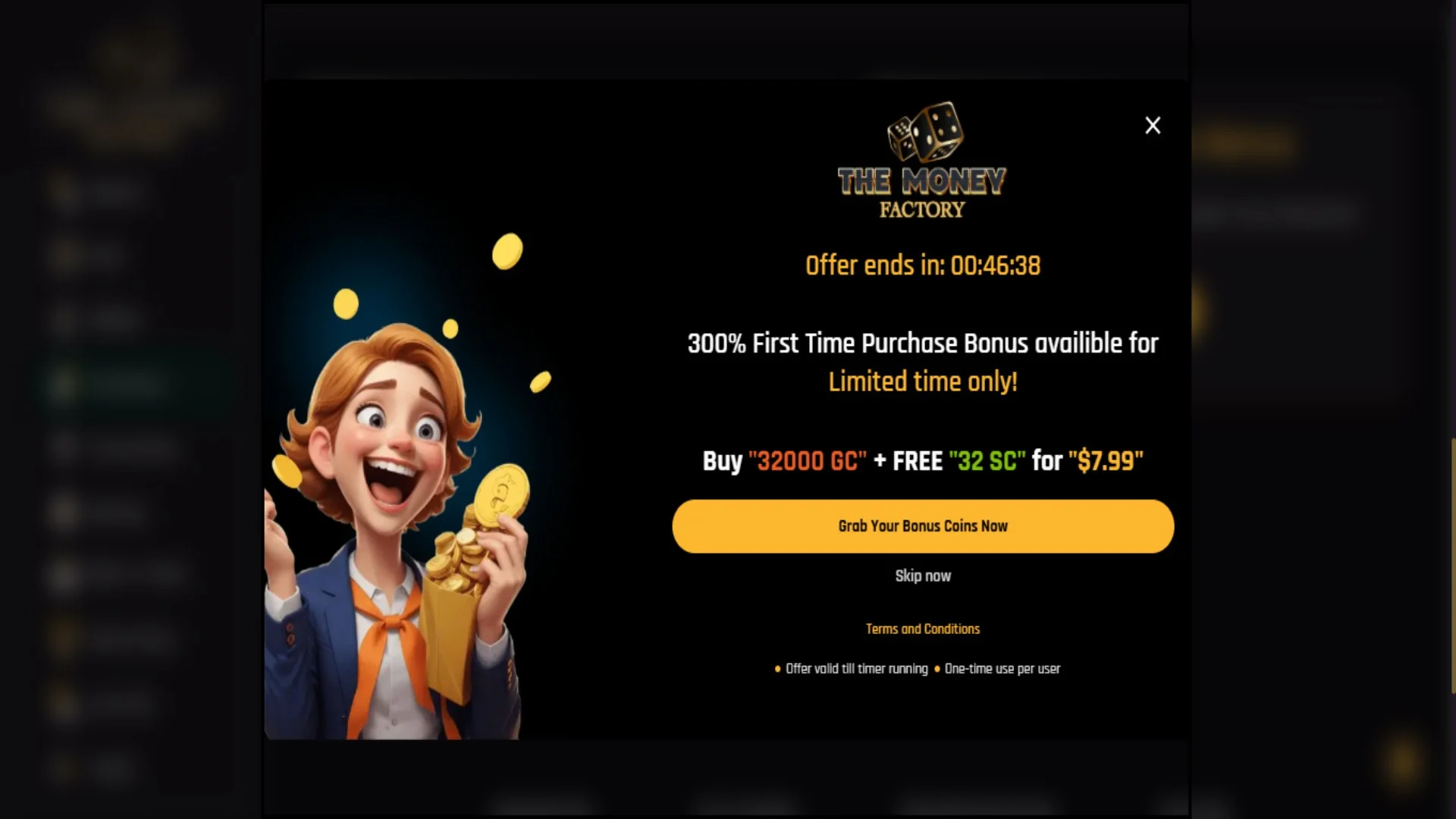 An image of The Money Factory Casino bonus section.