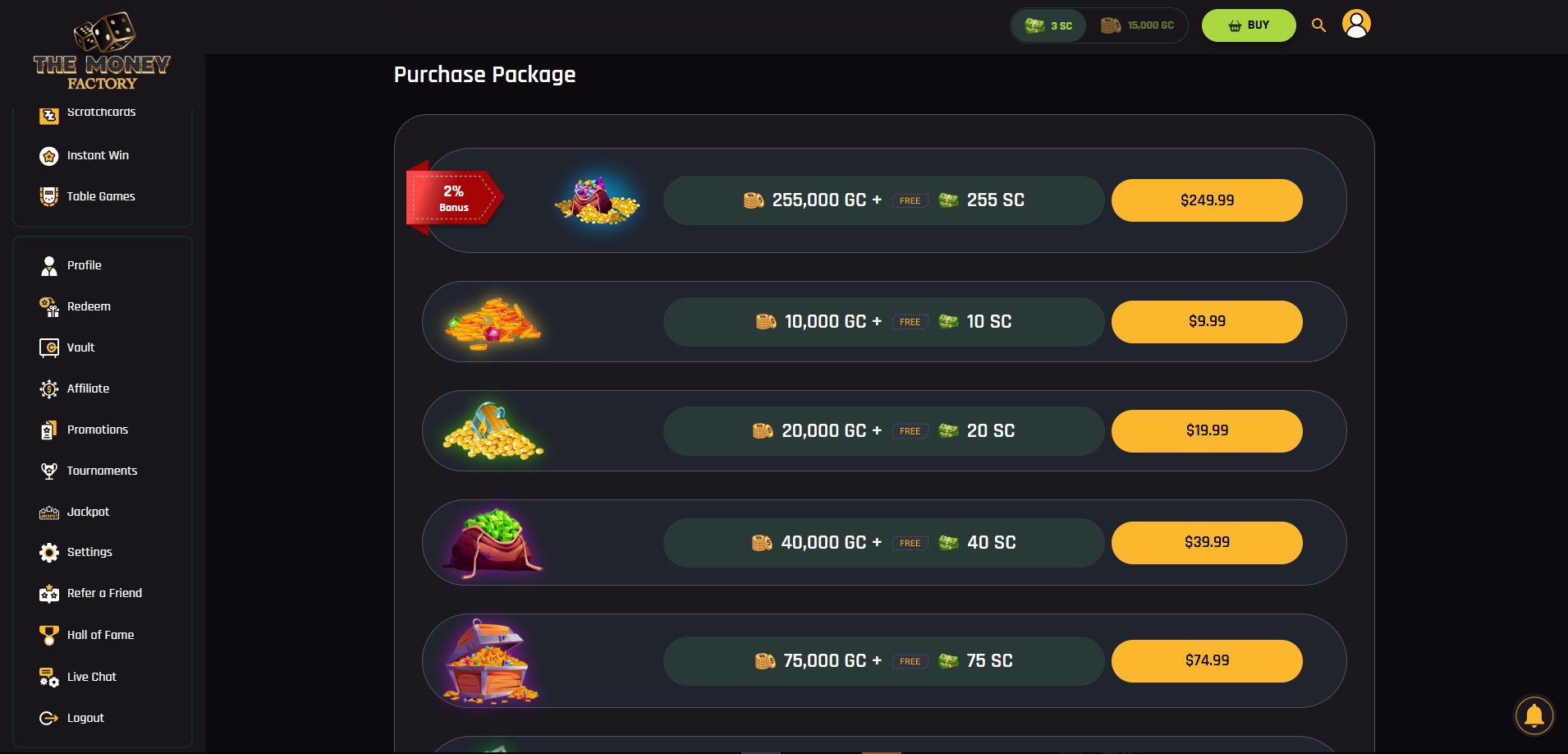 A screenshot of The Money Factory Casino's coins store