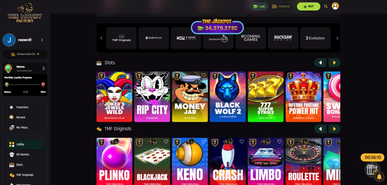 A screenshot of The Money Factory Casino's games page