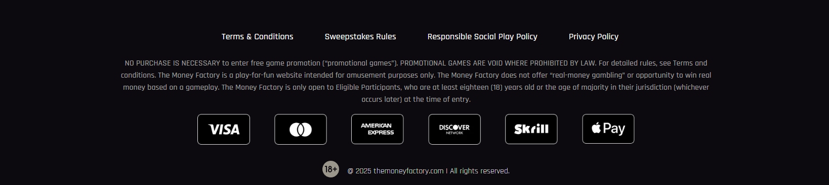 A screenshot of The Money Factory Casino's banking options