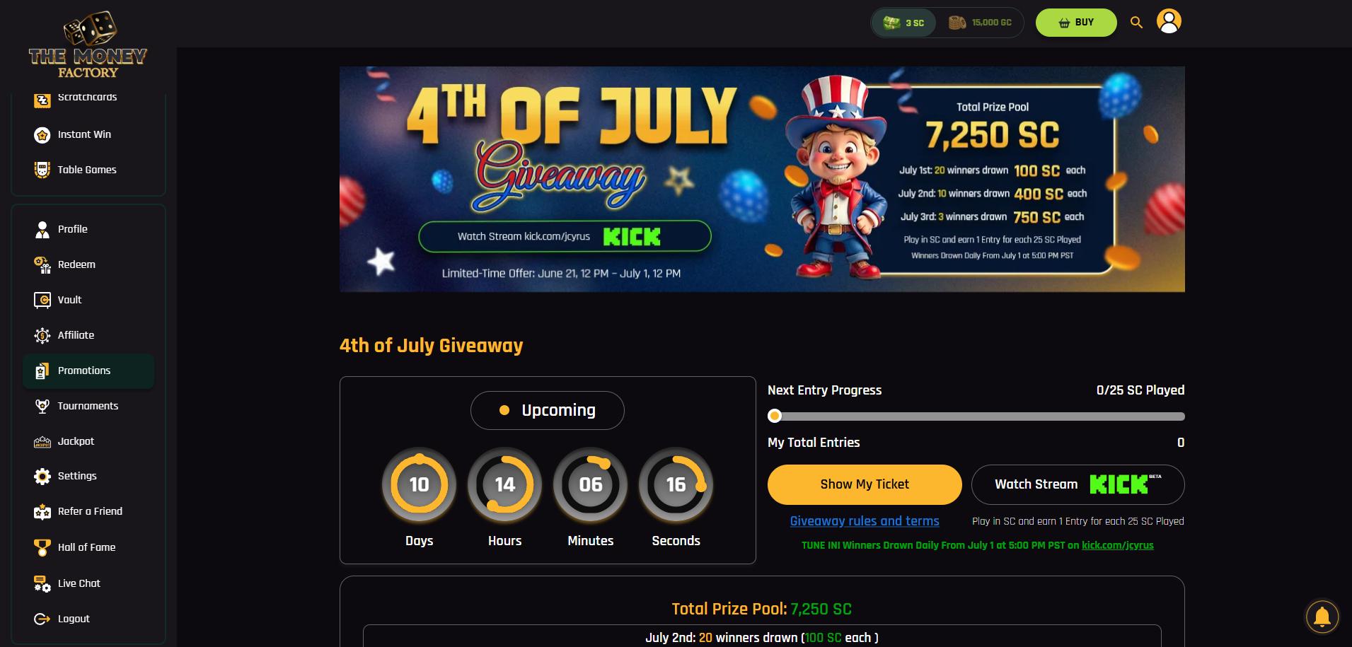 A screenshot of The Money Factory Casino's bonus page