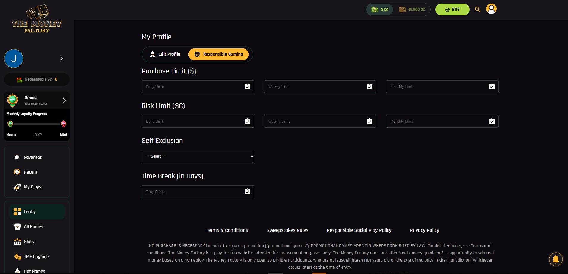 A screenshot of The Money Factory Casino's responsible gambling tools