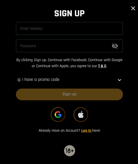 A screenshot of The Money Factory Casino's sign up modal