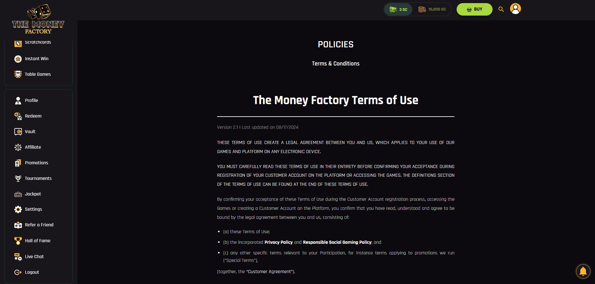 A screenshot of The Money Factory Casino's terms and conditions page