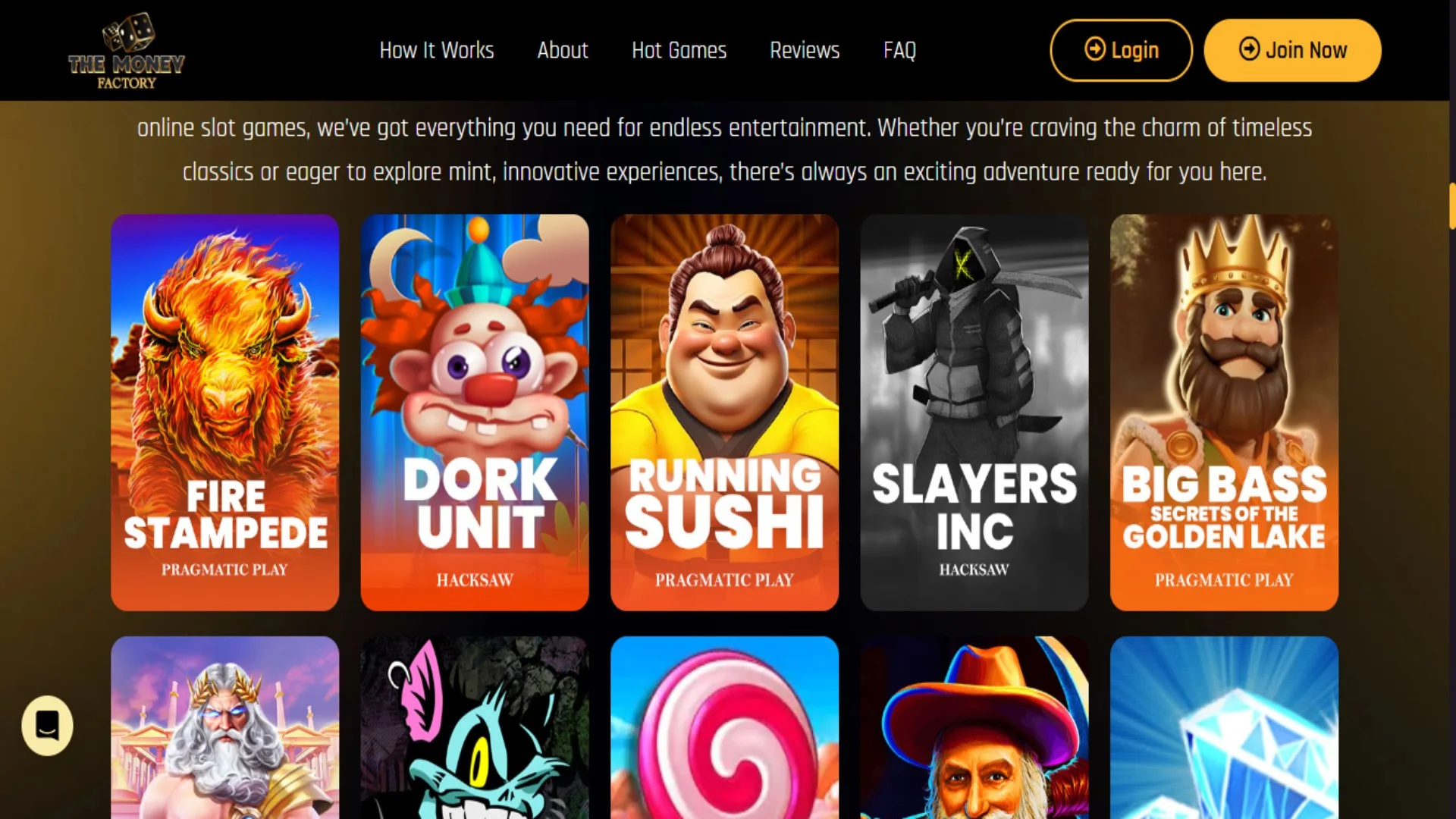 A screenshot of slot games section from The Money Factory casino.