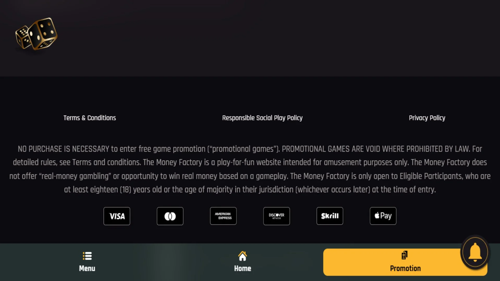 A screenshot of The Money Factory Casino payment methods.