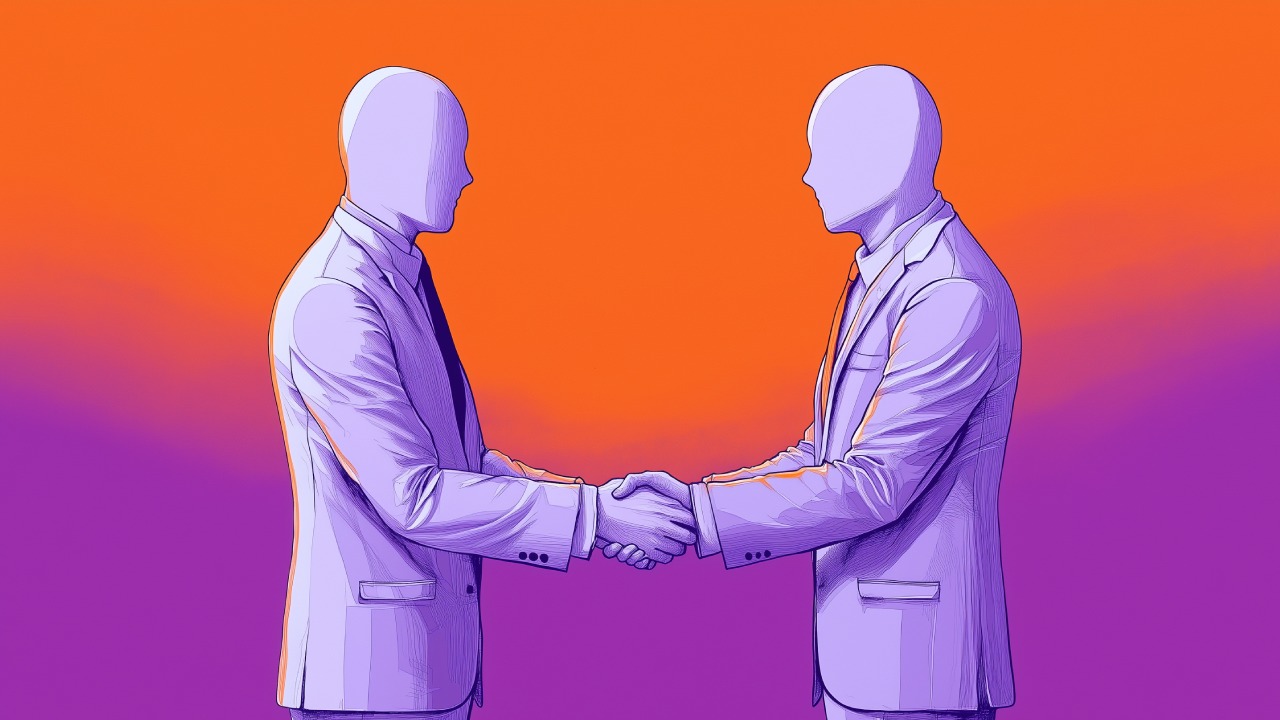 An image of two guys shaking hands and closing a deal in purple orange colors.