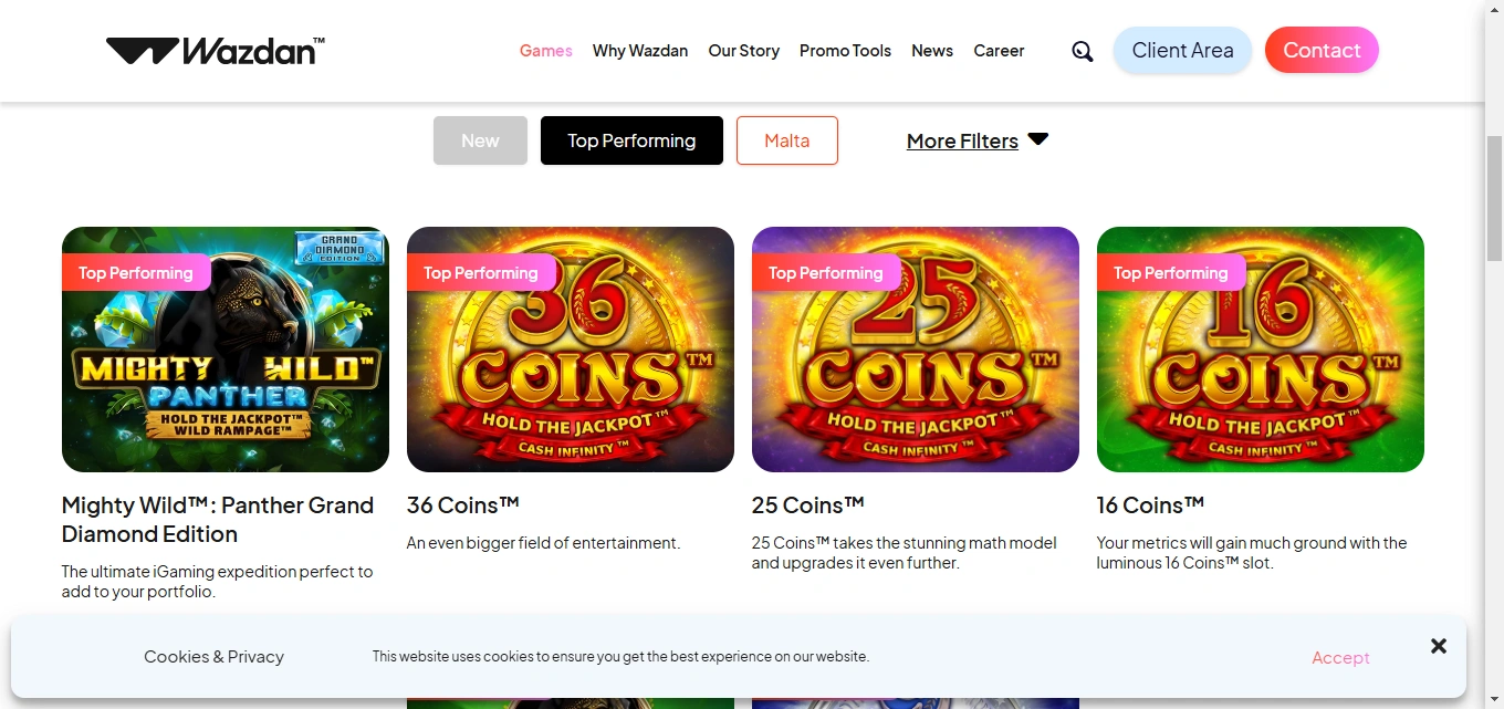 A screenshot of Wazdan Games section.