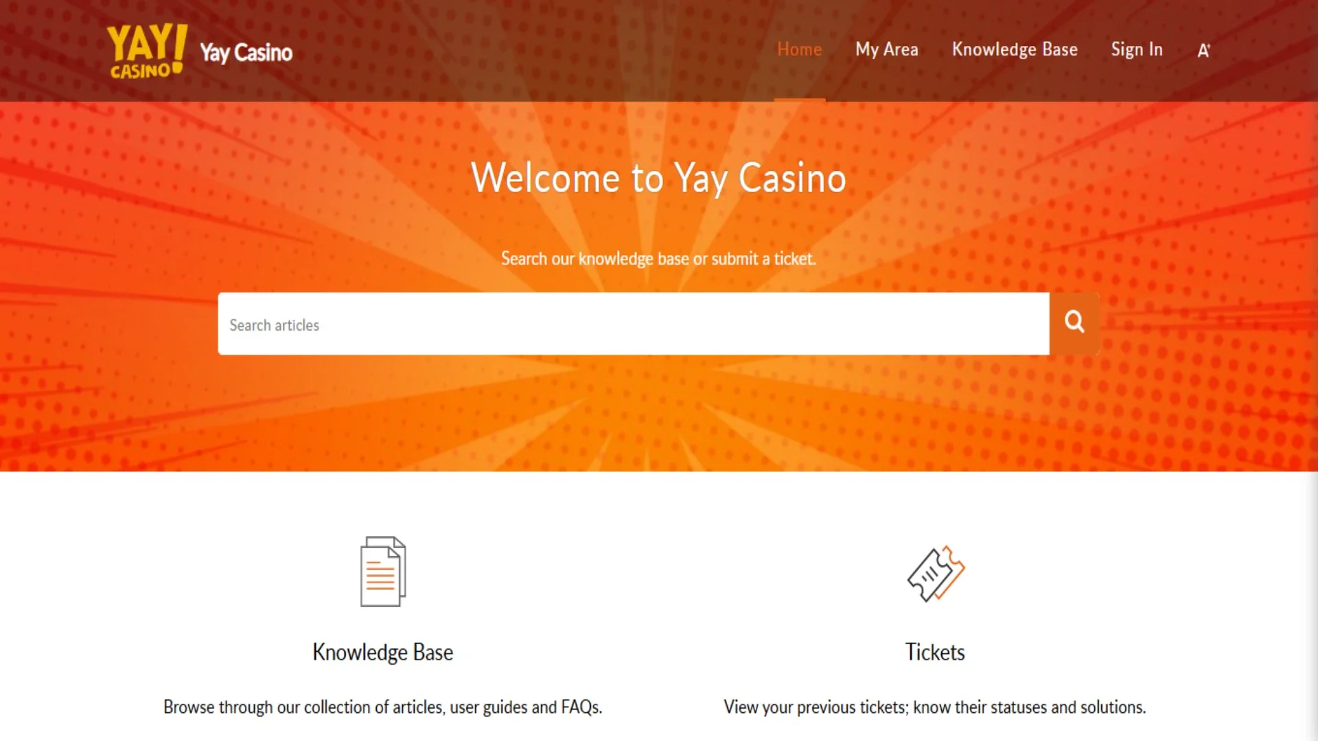 A screenshot of Yay Casino's customer support section.