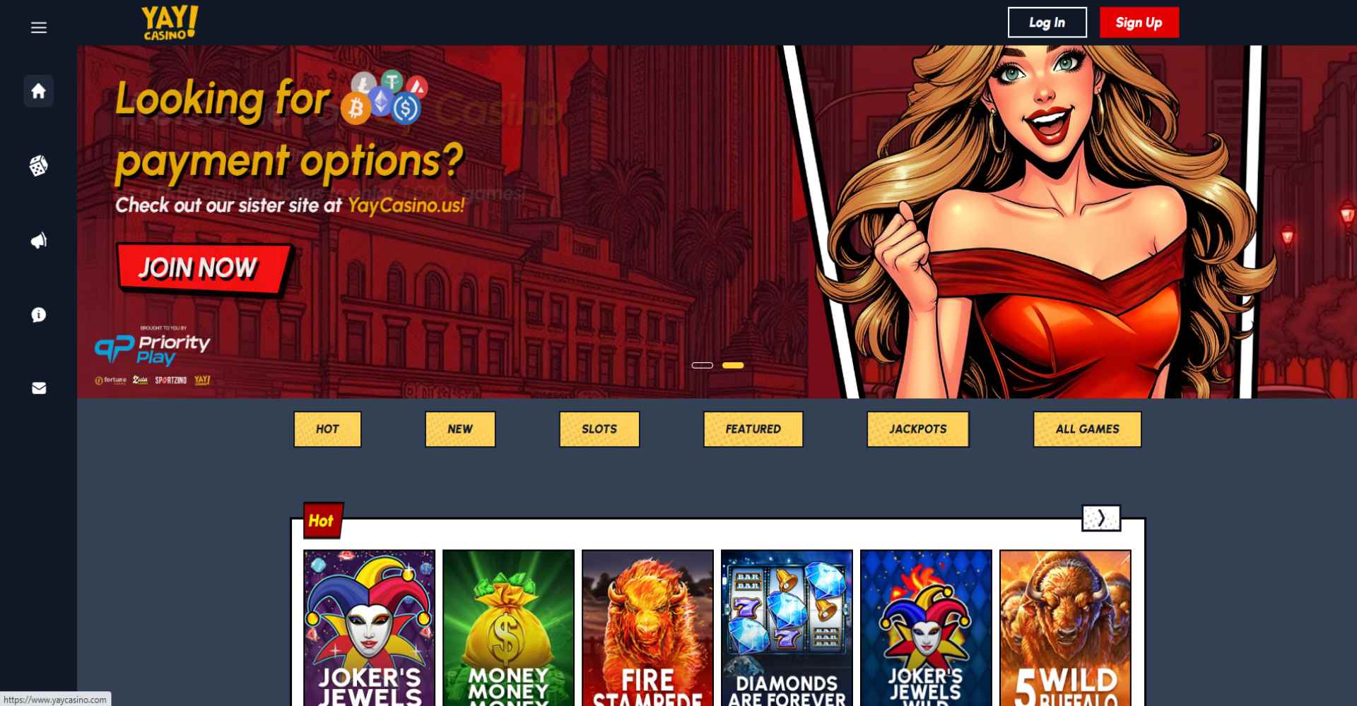 A screenshot of Yay Casino's homepage.