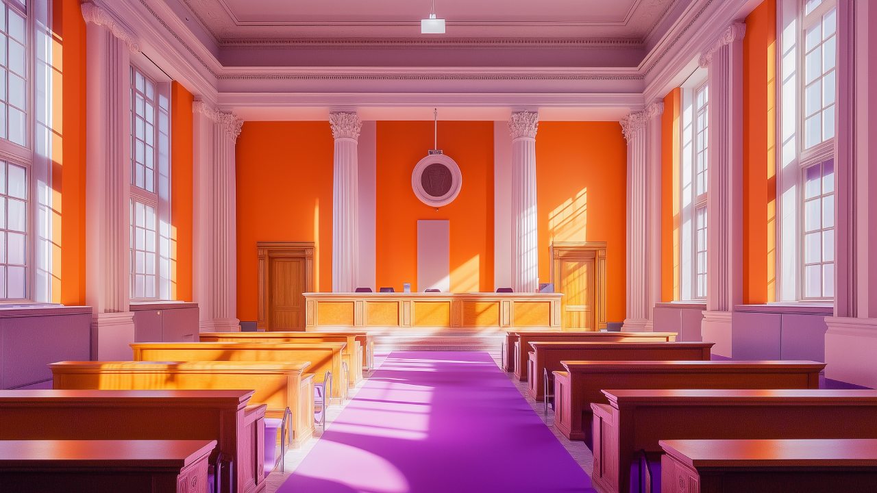 An image inside of an American courthouse in orange purple white colors.