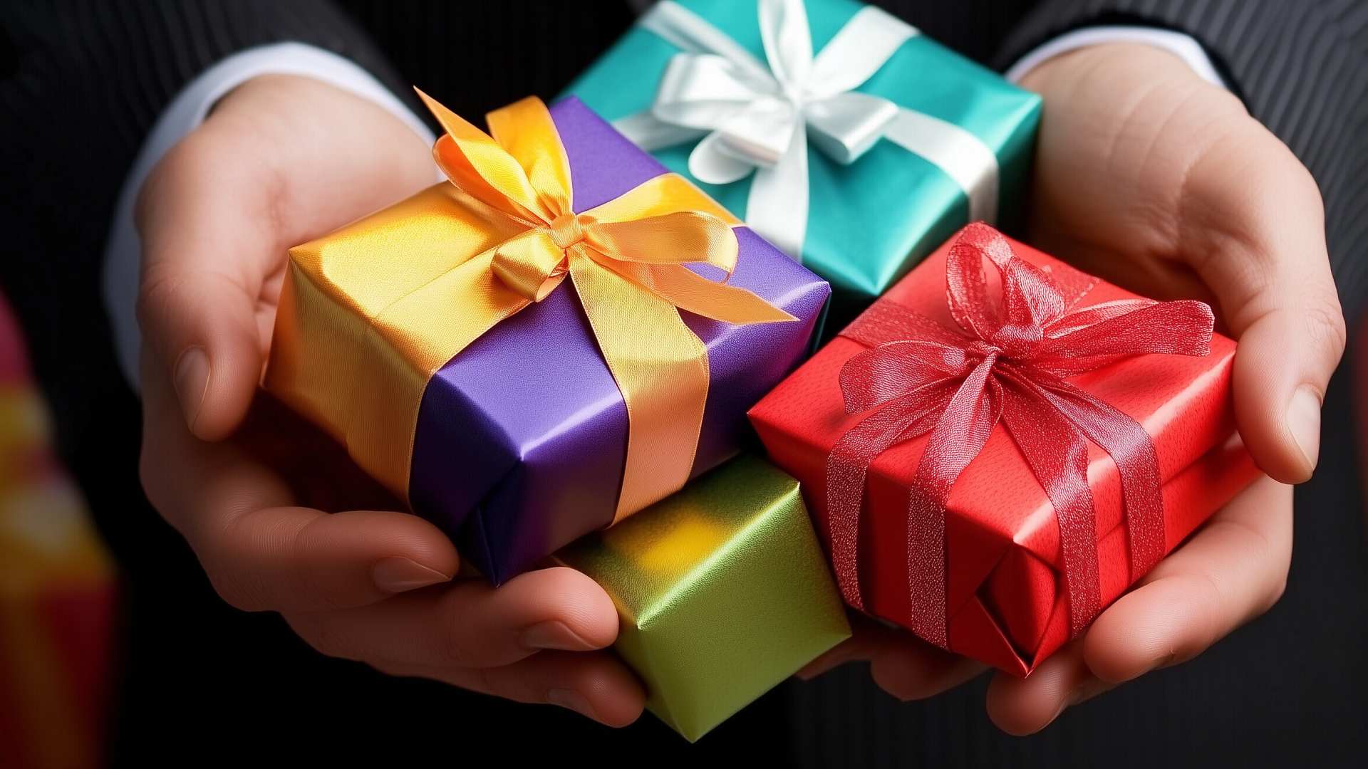 An image of a man in a suit giving gifts.