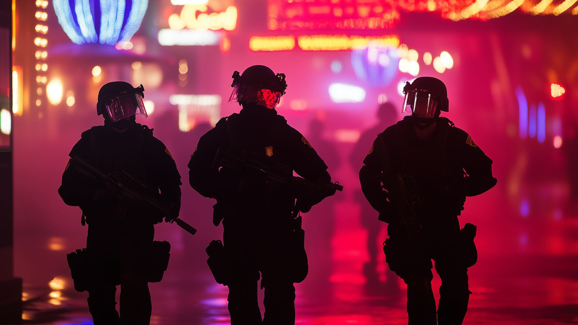 Three policemen walking in the street with red lights.