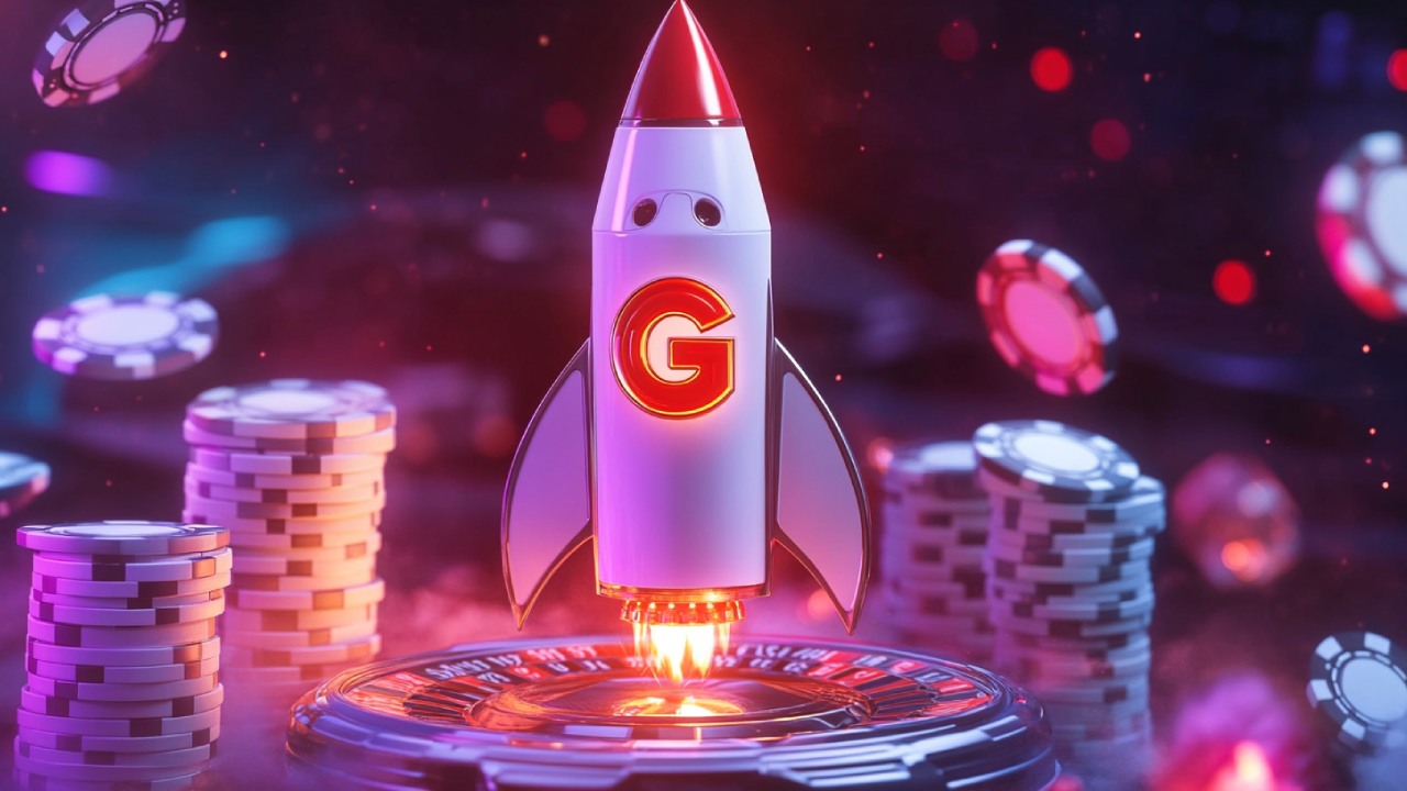 A rocket with a G logo and casino chips in the background.