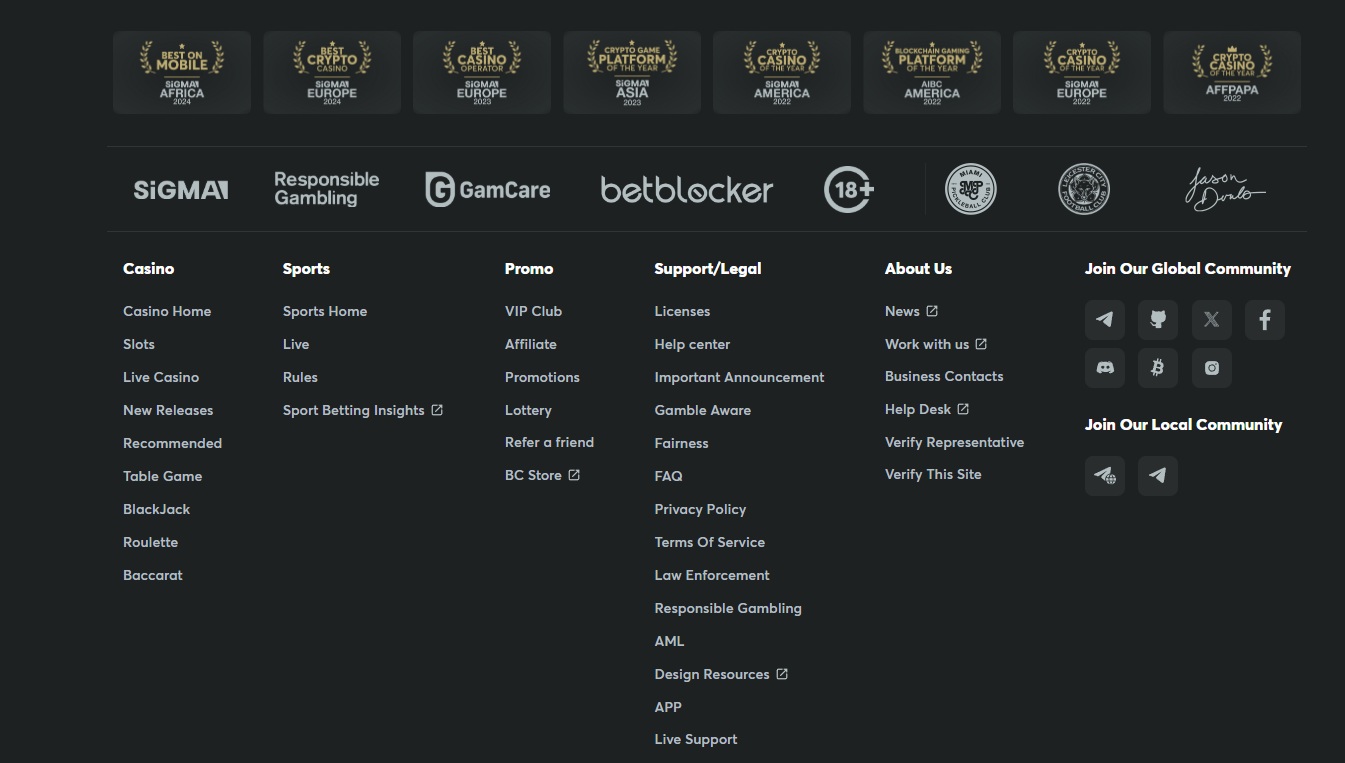 A screenshot of BCGame.us' footer
