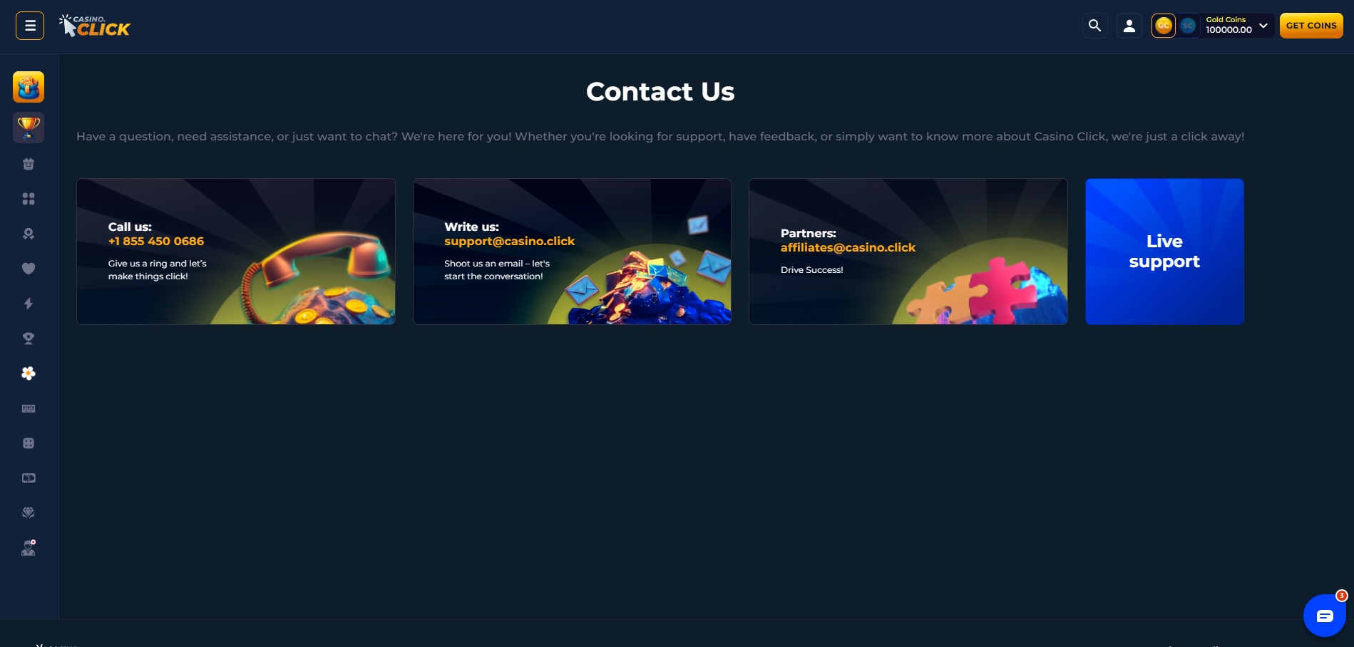 A screenshot of Casino.click's customer support page