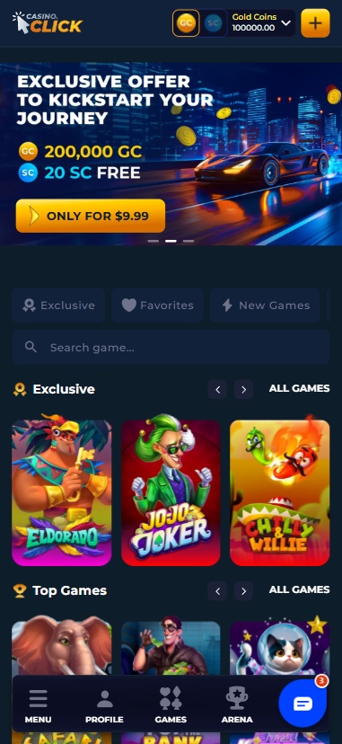 A screenshot of Casino.click's mobile web view