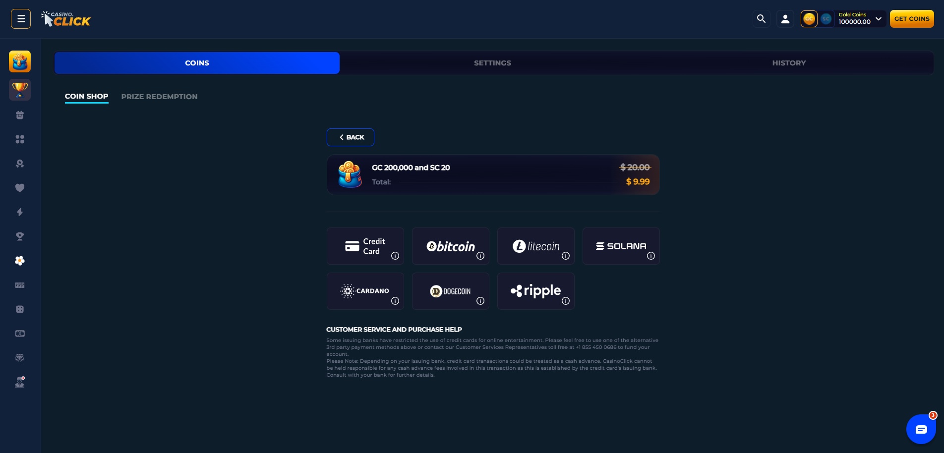 A screenshot of Casino.click's buy coins modal