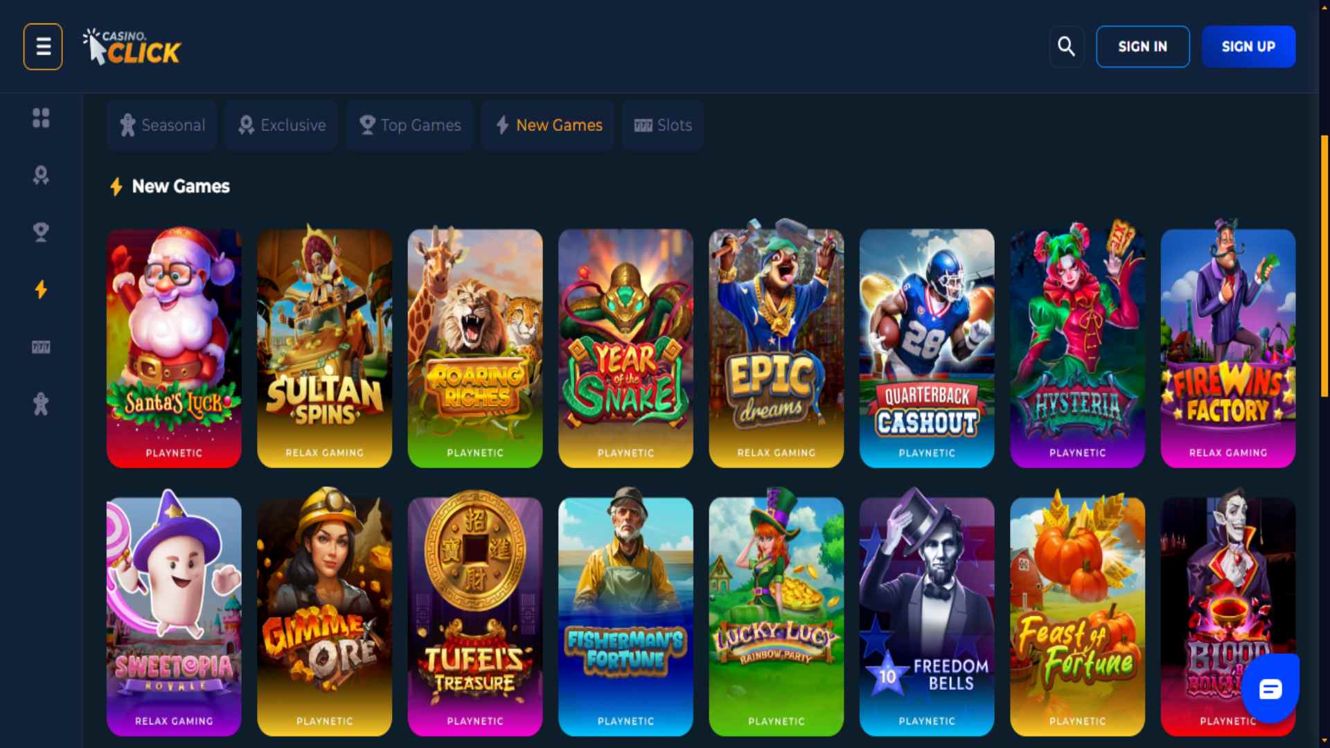 A screenshot of Casino.click's game section,