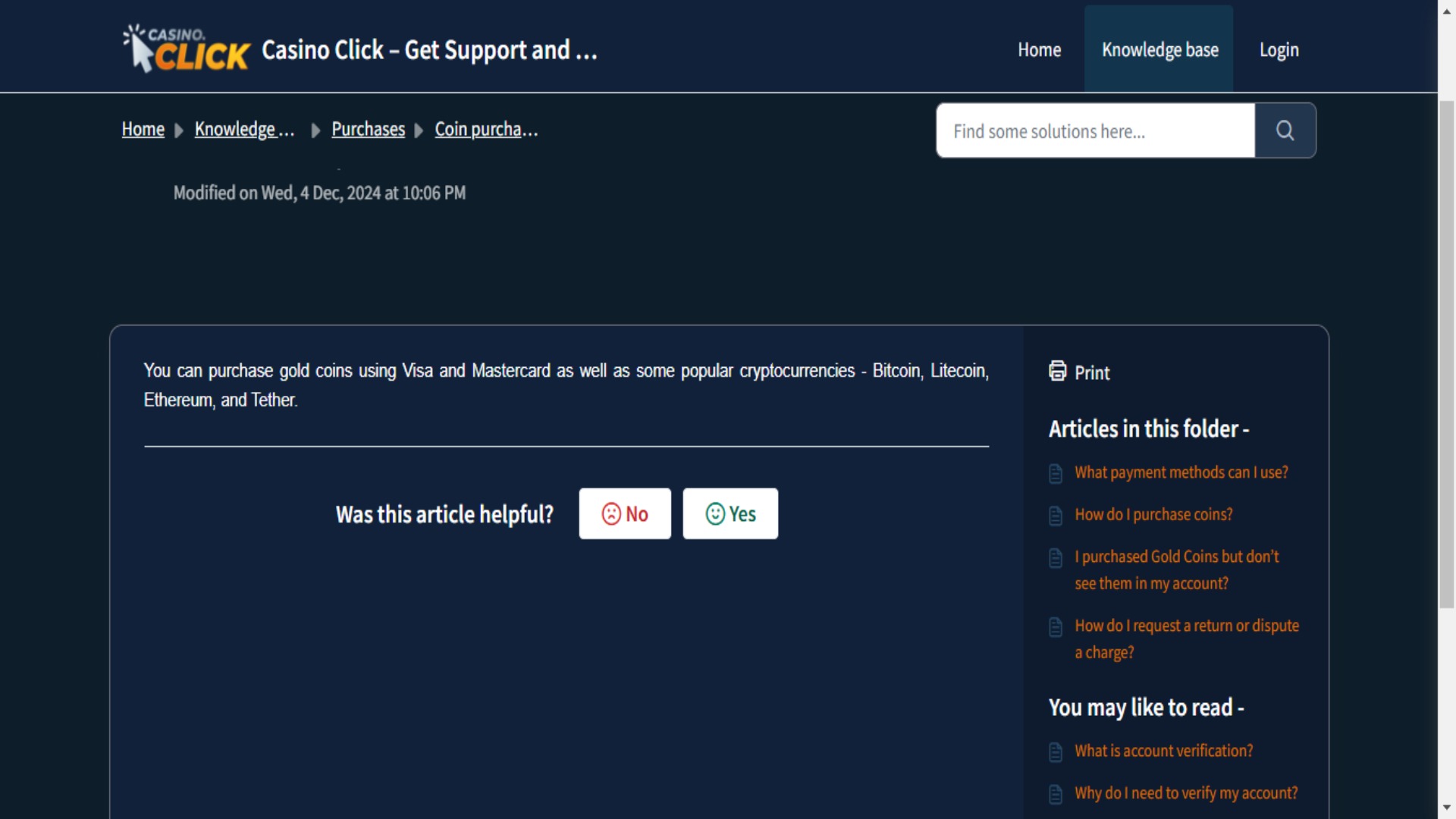 A screenshot of Casino.click's payment methods.