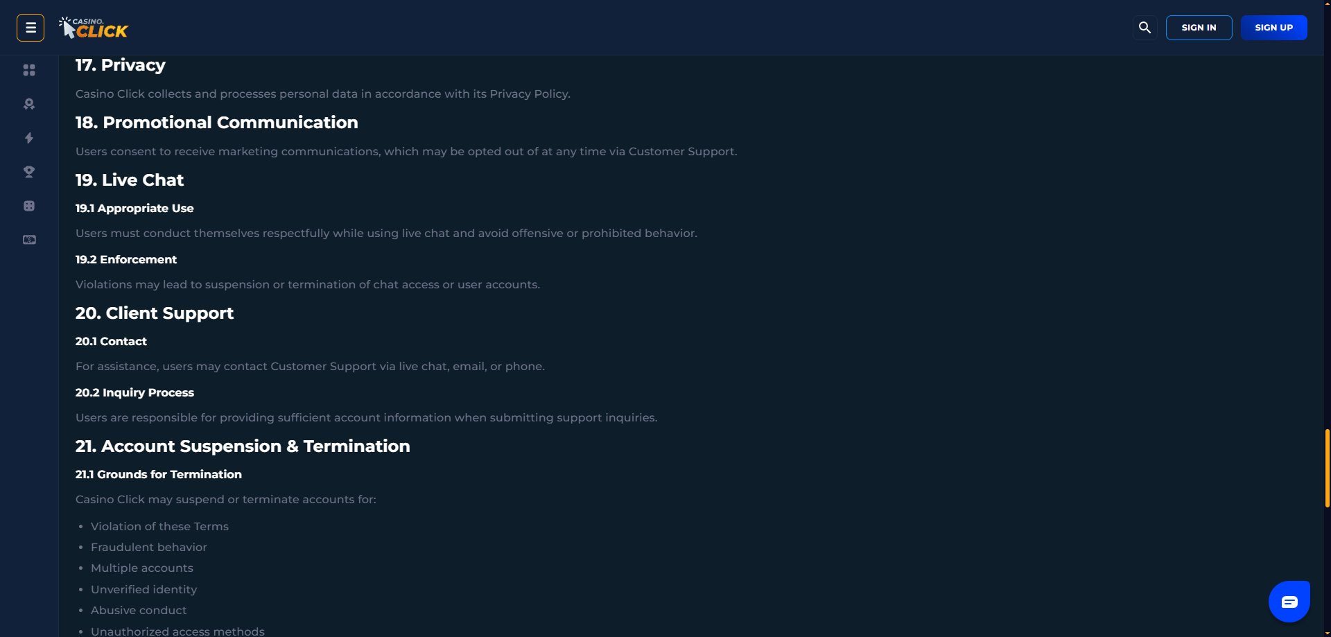 A screenshot of Casino.click's terms of use page
