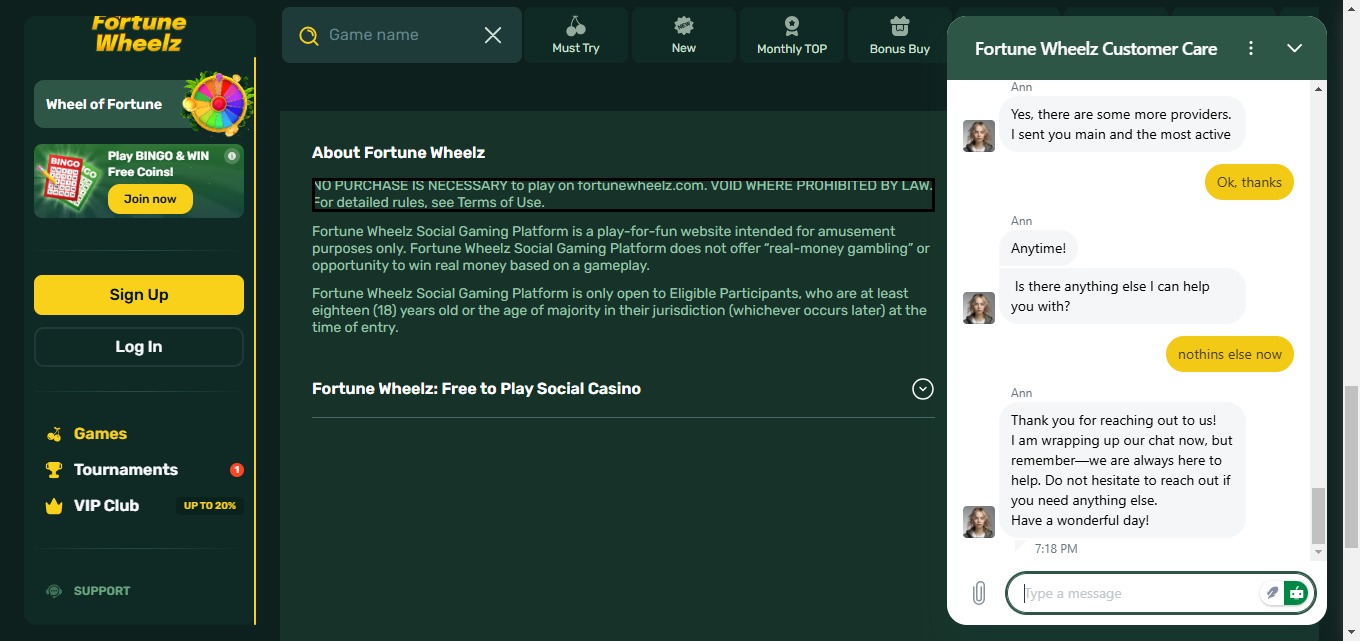 A screenshot of Fortune Wheelz Casino customer support section.