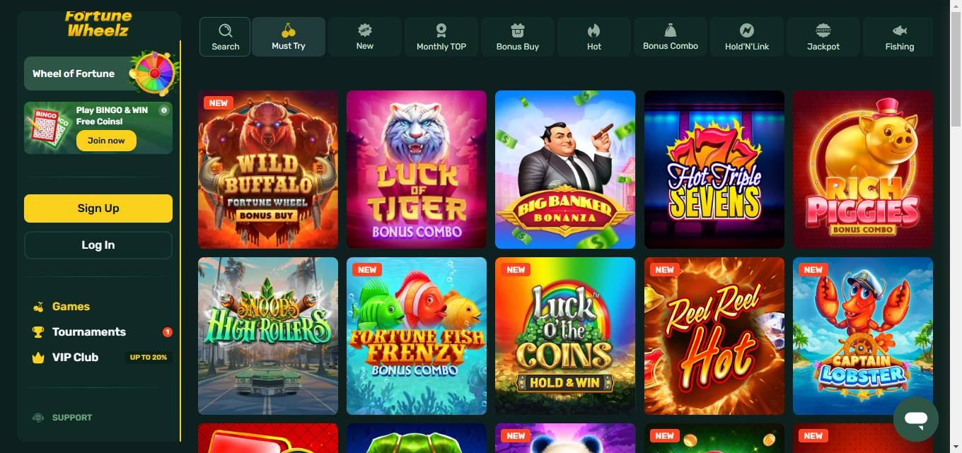 A screenshot of Fortune Wheelz Casino games section.