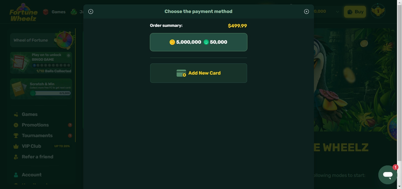 A screenshot of Fortune Wheelz Casino payment methods section.