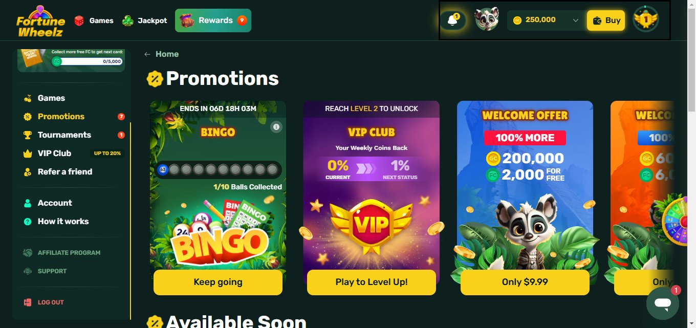 A screenshot of Fortune Wheelz Casino promotions section.