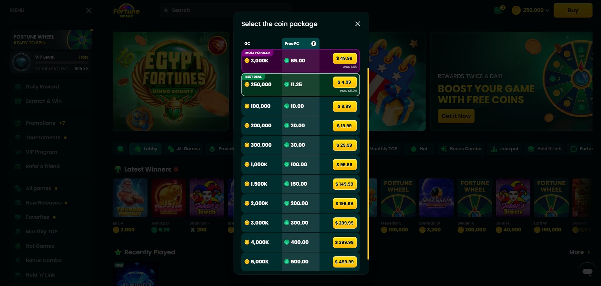 A screenshot of Fortune Wheelz Casino's coins store