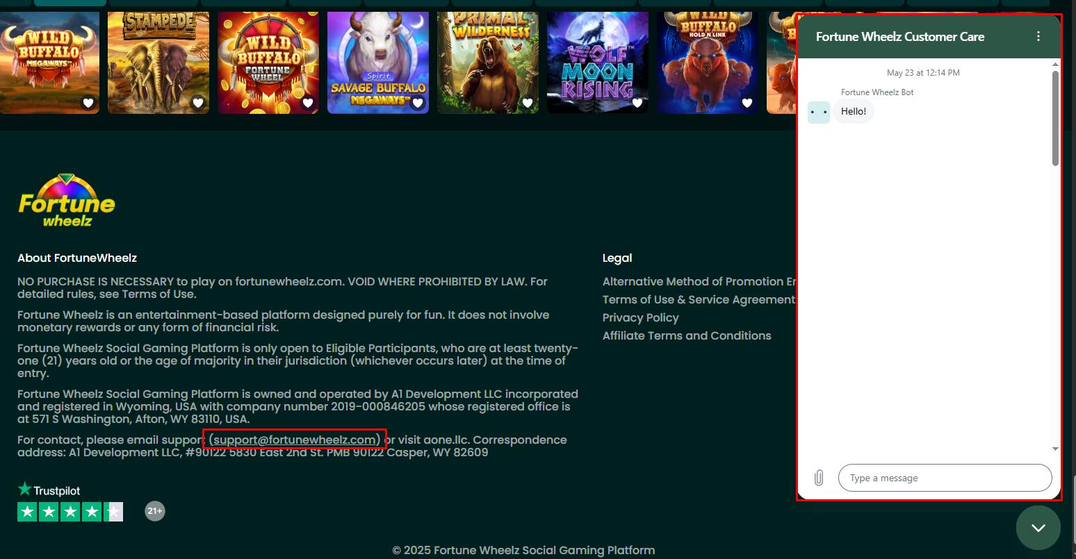 A screenshot of Fortune Wheelz Casino's customer support modal