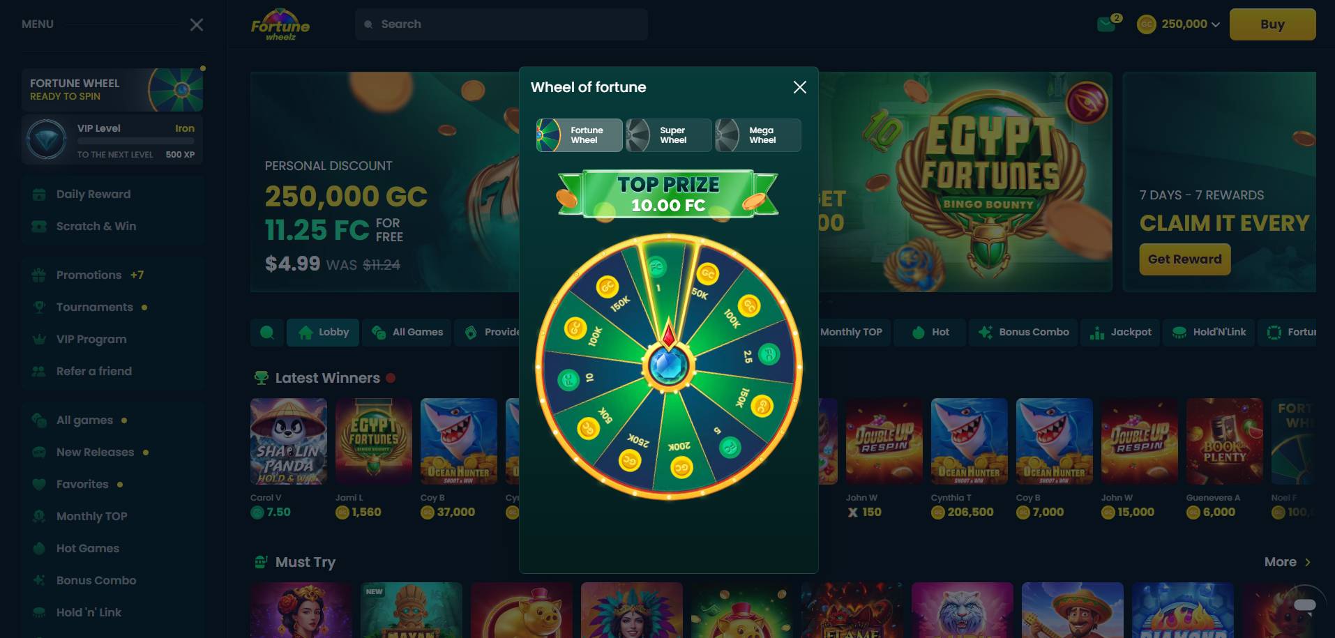 A screenshot of Fortune Wheelz Casino's daily wheel spin bonus