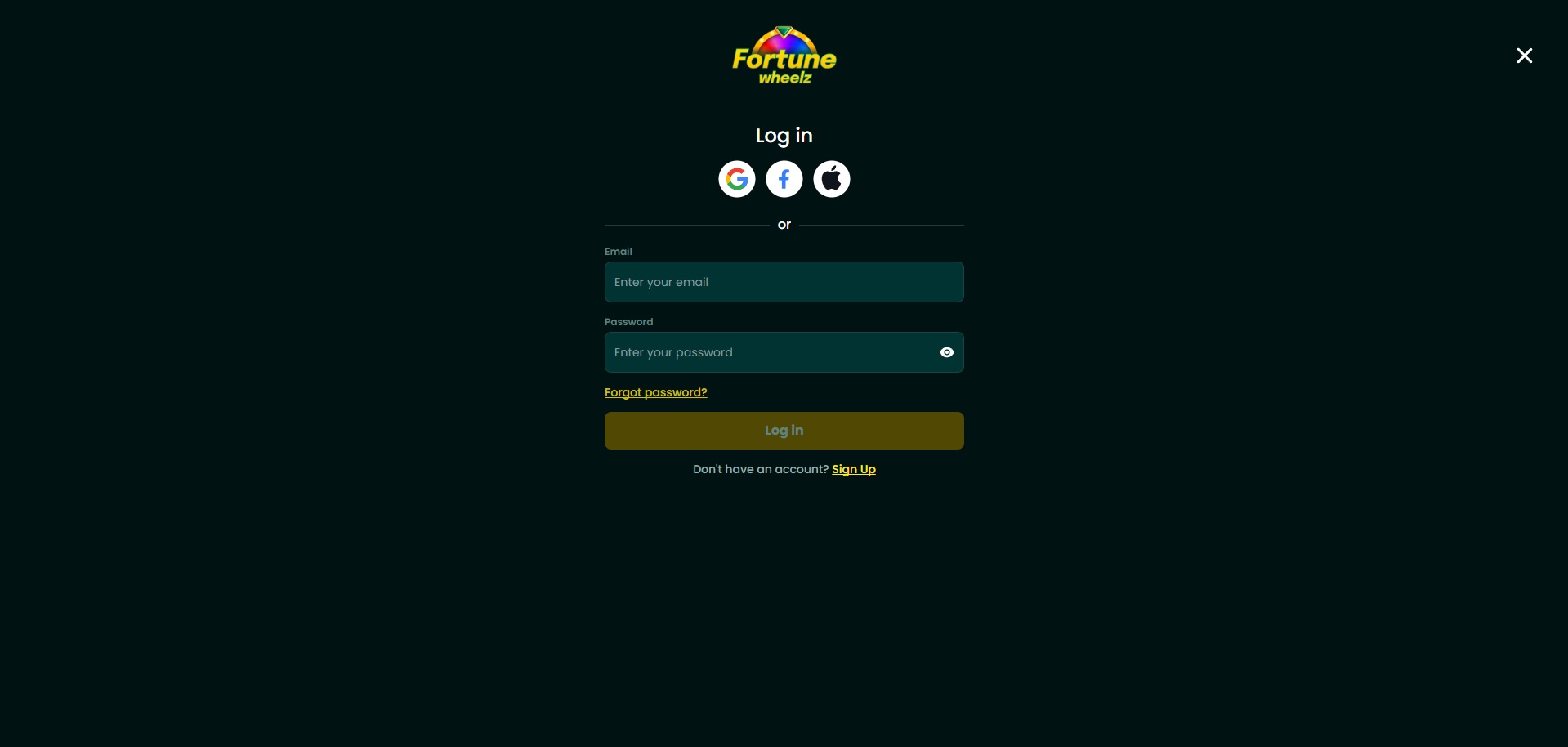 A screenshot of Fortune Wheelz Casino's login field