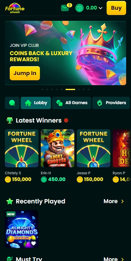 A screenshot of Fortune Wheelz Casino's mobile web view