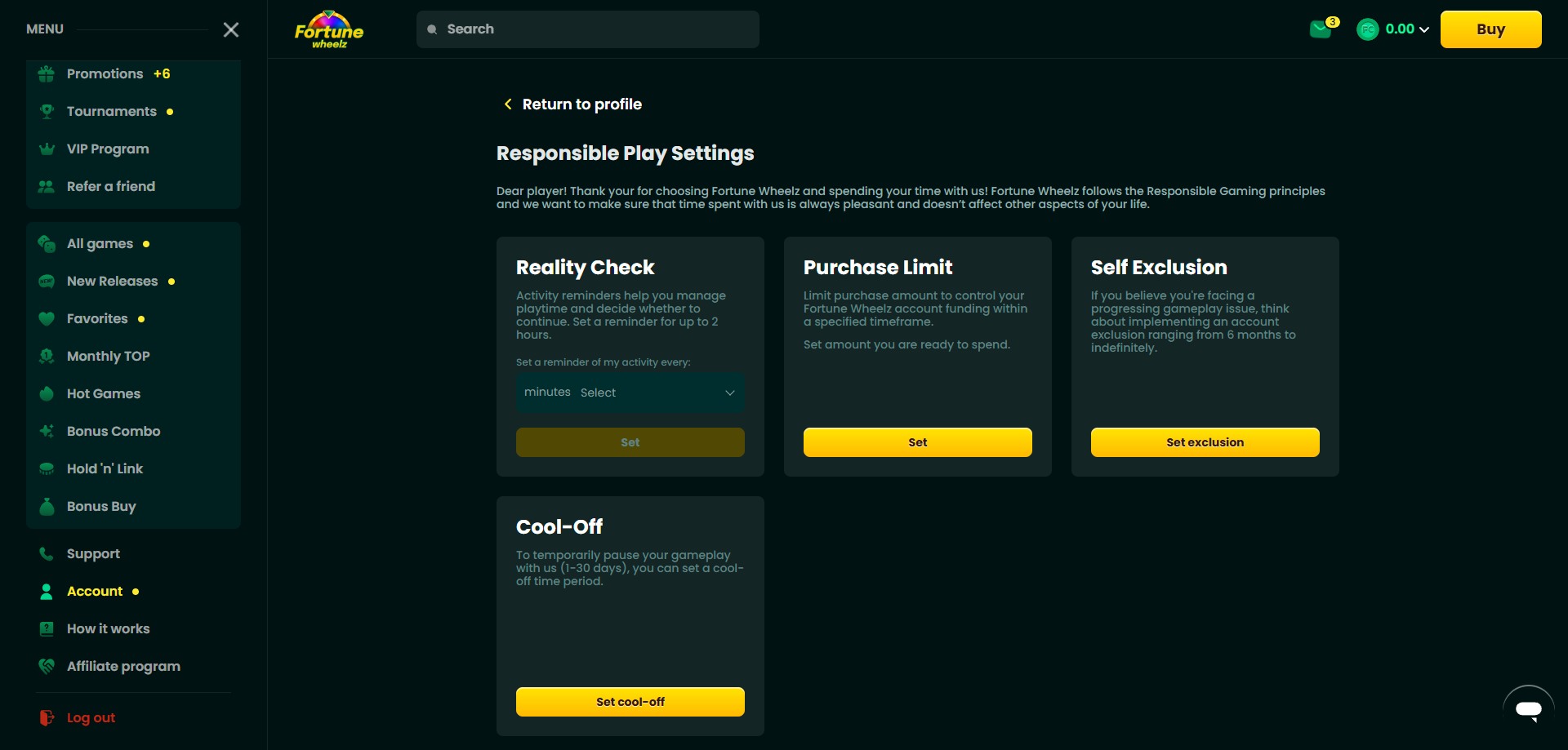 A screenshot of Fortune Wheelz Casino's responsible gaming options