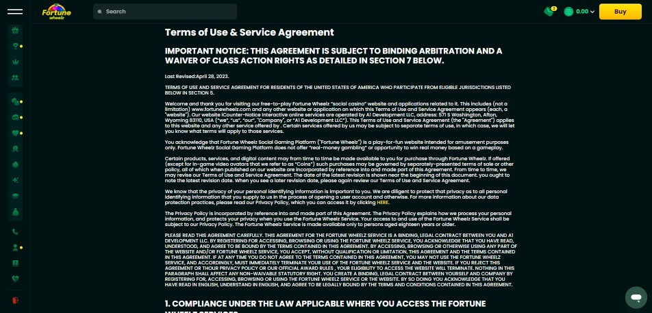 A screenshot of Fortune Wheelz Casino's terms of use page