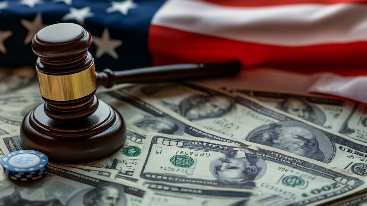 An image of the USA flag and a gavel with dollar bills.