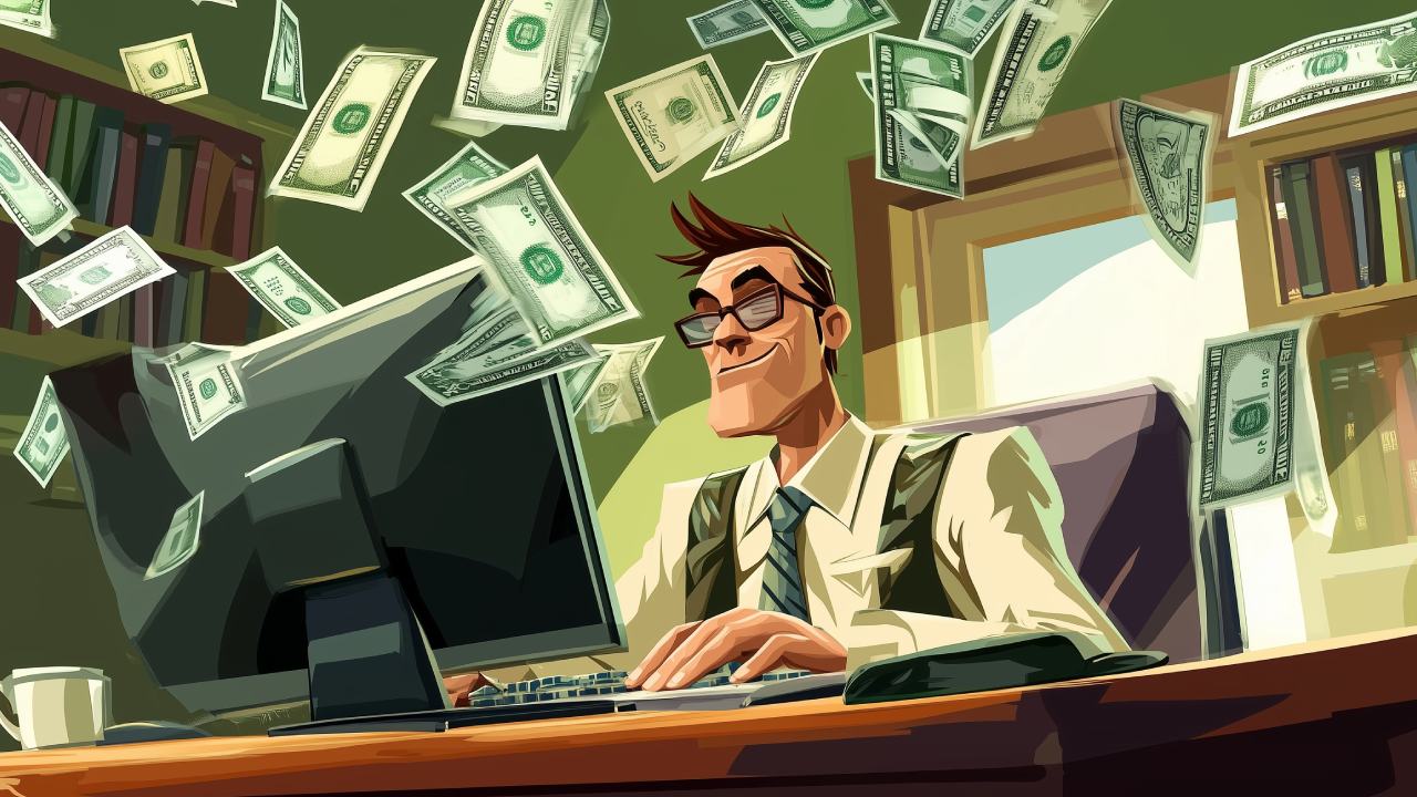 An image of a man sitting in a computer with a lot of dollars flying around the room.