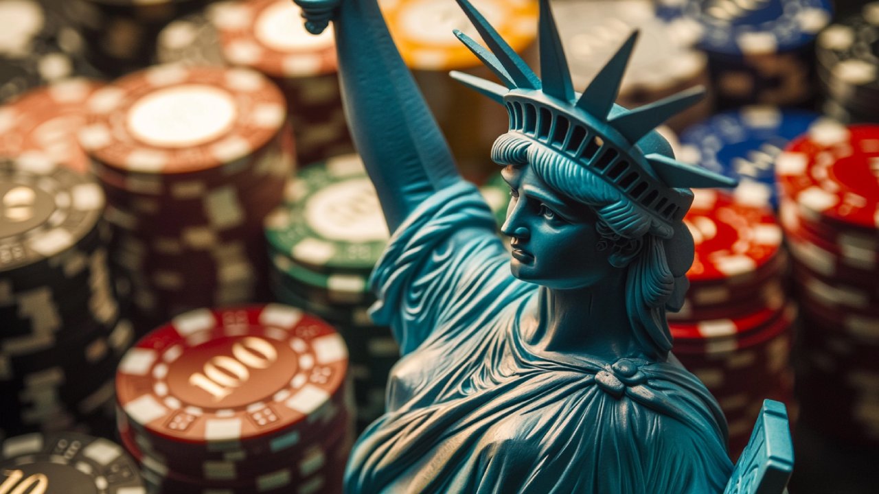 An image of the statue of liberty with casino chips in the background.