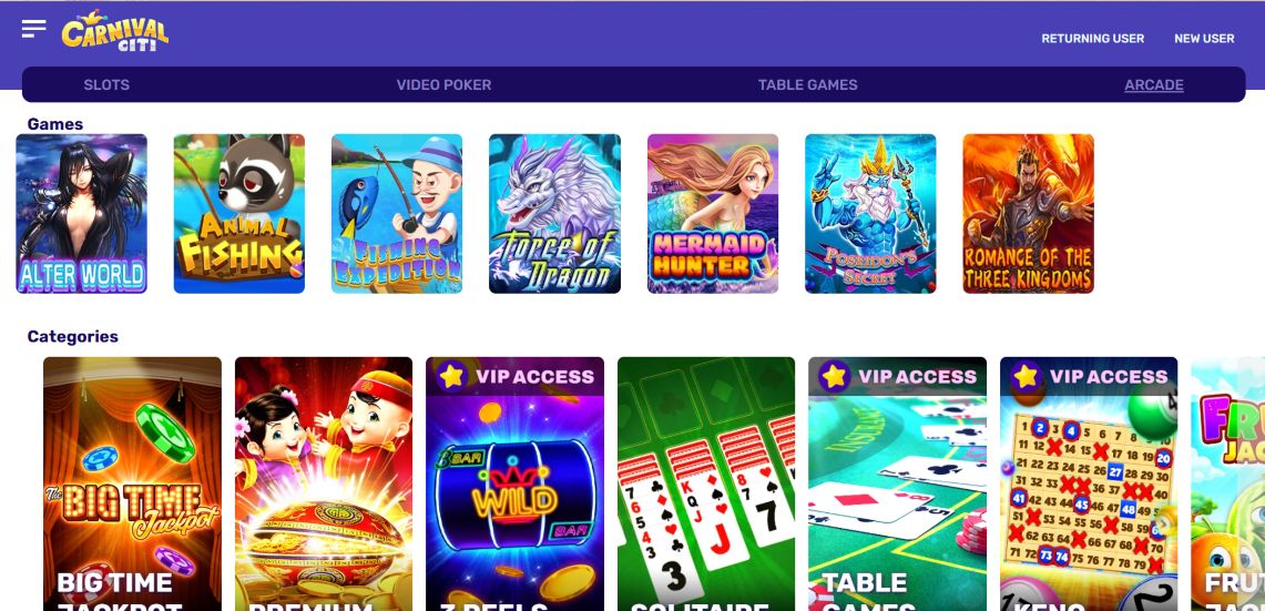 A screenshot of Carnival Citi Casino's games section
