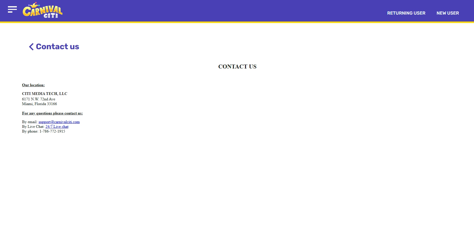 A screenshot of Carnival Citi Casino's contact us page
