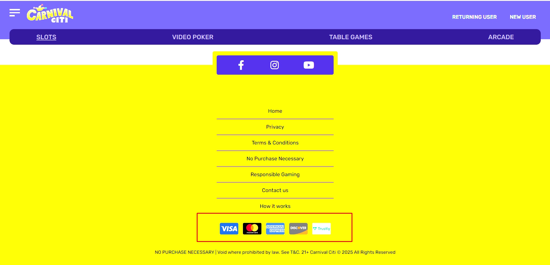 A screenshot of Carnival Citi Casino's payment options