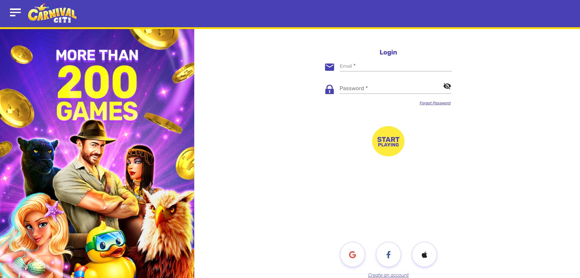 A screenshot of Carnival Citi Casino's login page