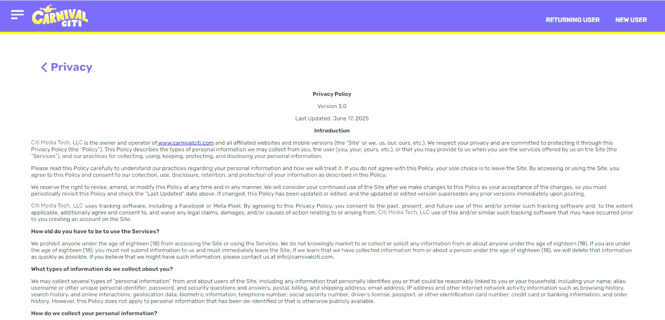 A screenshot of Carnival Citi Casino's privacy policy page