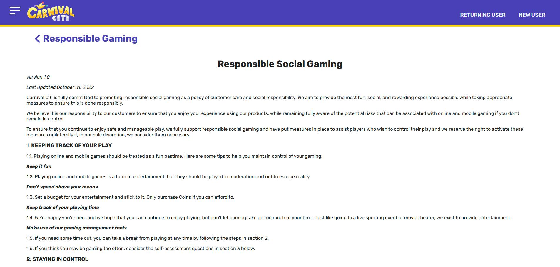 A screenshot of Carnival Citi Casino's responsible gaming page