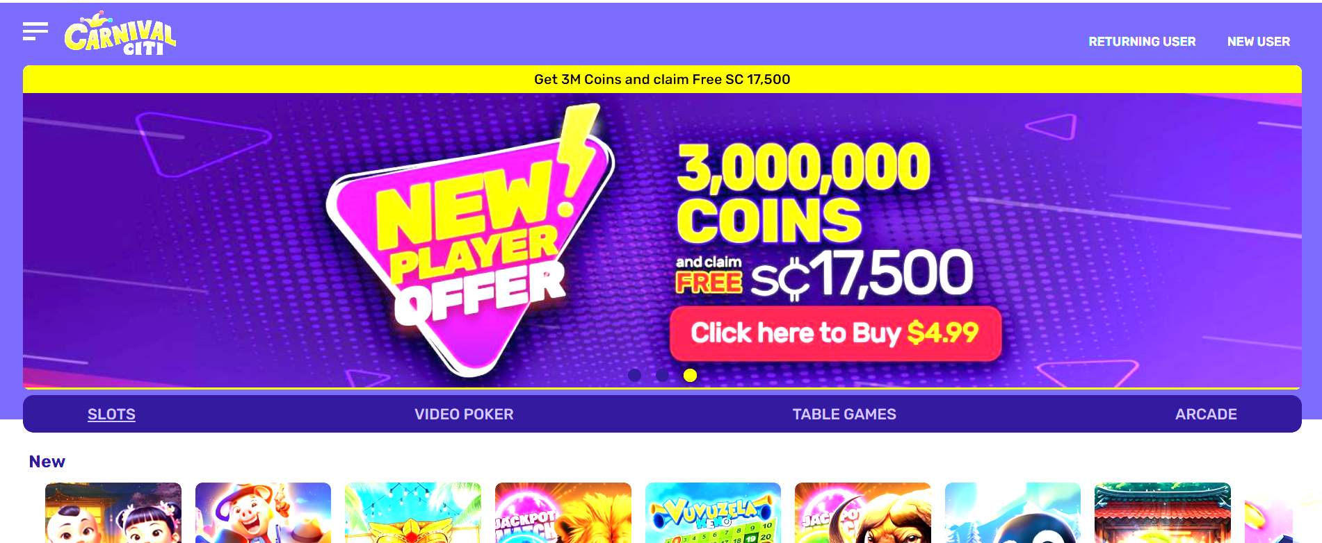 A screenshot of Carnival Citi Casino's welcome bonus