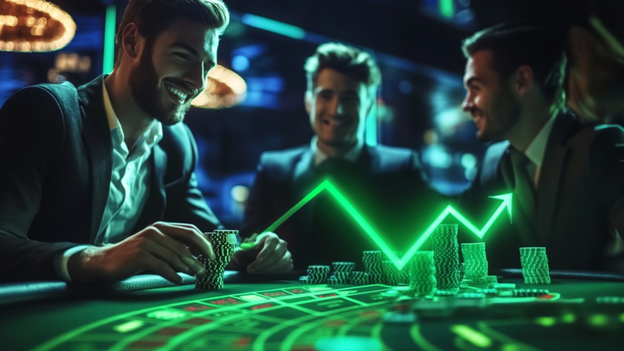 A group of casino dealers in a table with a green upward arrow.